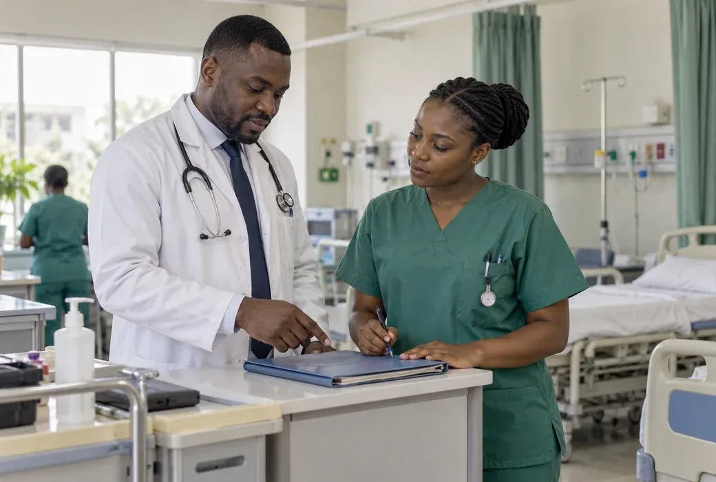 A doctor and nurse discussing patient care in a Nigerian hospital ward.